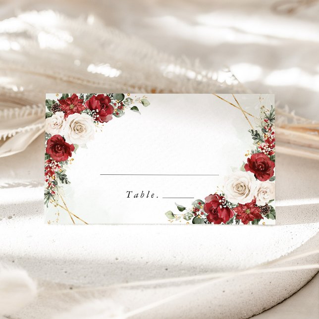 Burgunder Guld Vinter Blommig Bröllopsnamn Placeringskort (Burgundy gold winter floral place card wedding escort card table name card, Christmas wedding decor)