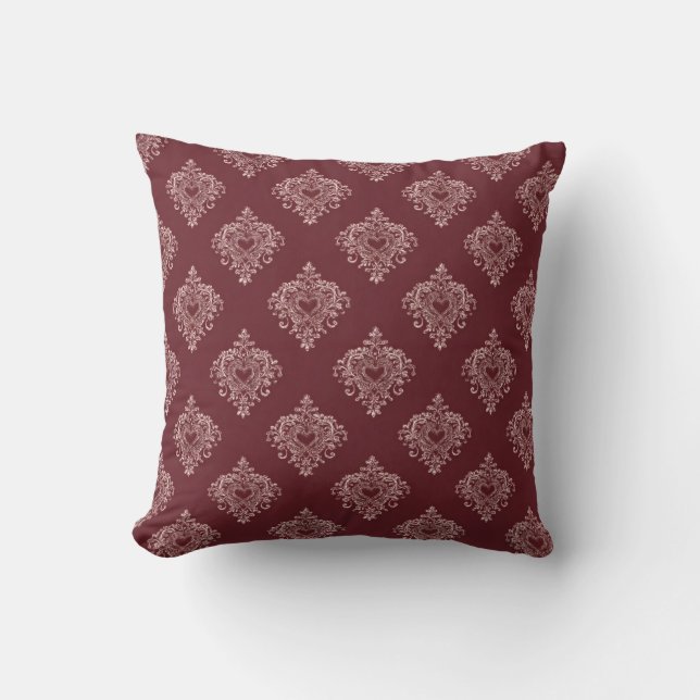 Burgunder Hjärt-Damask Kastkudde Kudde (Framsida)