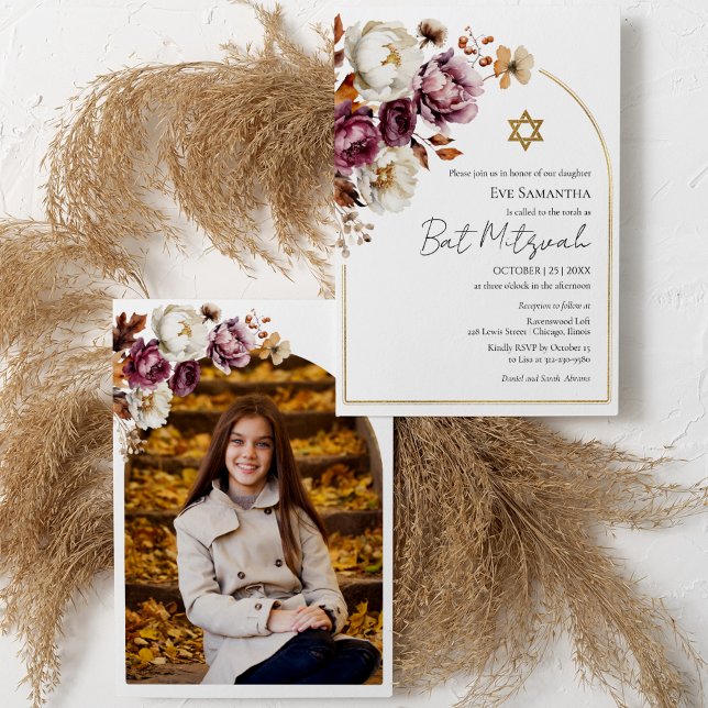 Burgunder höst blomstermotiv Bat Mitzvah foto Inbjudningar (Skapare uppladdad)
