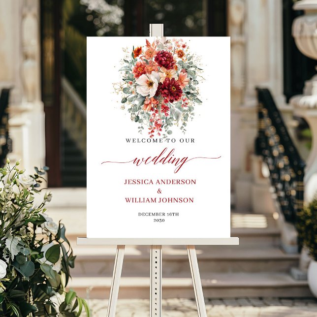 Burgunder höstblommig boho eukalyptus bröllopsskyl poster (Burgundy Fall Floral Boho Eucalyptus Wedding Welcome

)