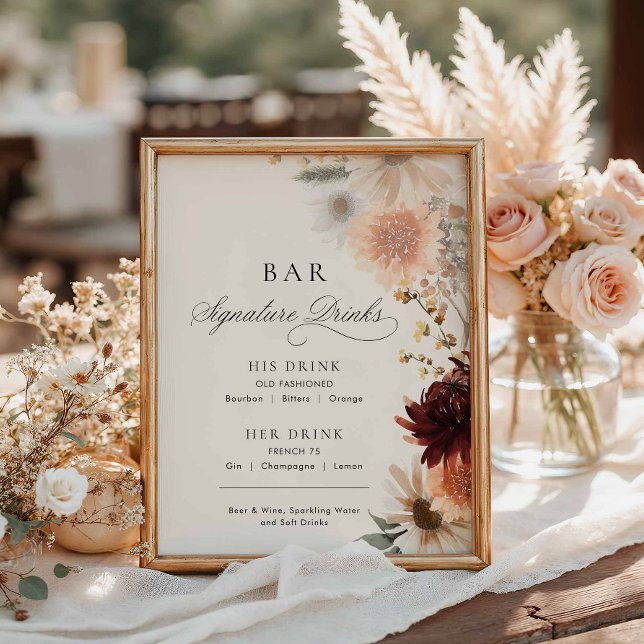 Burgunder höstblommig signaturbarmeny för bröllop poster (Elegant Burgundy Fall Floral Signature Drinks Menu Sign)