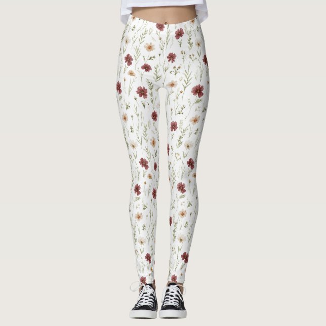 Burgunder Kräm Blommor Leggings (Framsida)