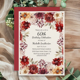 Burgunder Kräm Färg Vattenfärg Blommig 60-årsdag Inbjudningar