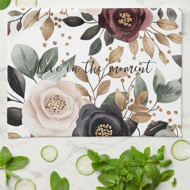 Burgunder Kräm Svart Blommig Kökshandduk (Vikta)