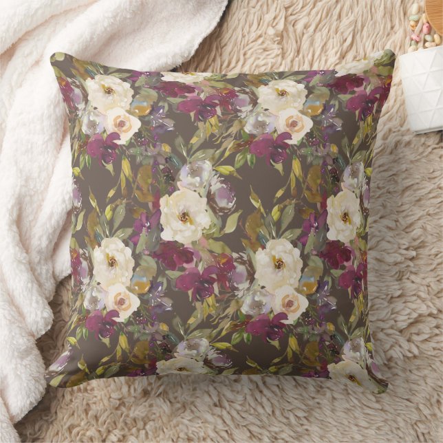 Burgunder Krämfärgade Blommiga Bruna Eleganta Kudde (Filt)
