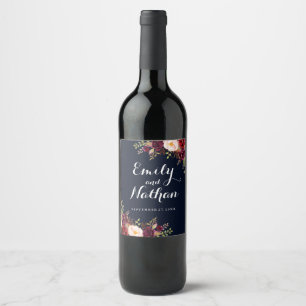 Burgunder Marin Blommig Höstbröllop Vin Etikett