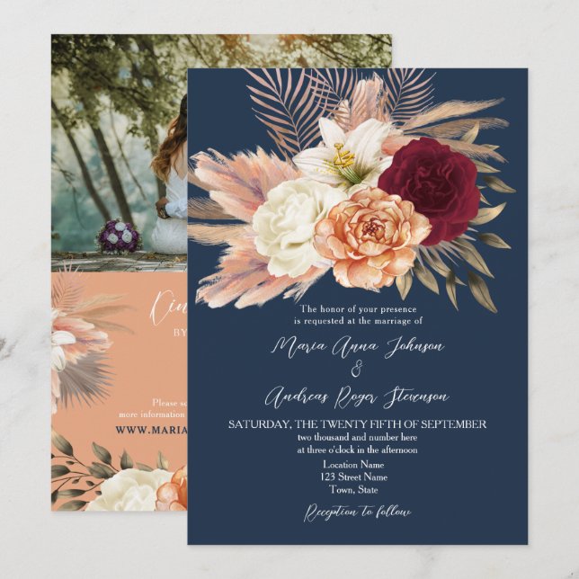 Burgunder Marin QR-kod Bröllop Inbjudningar (Fram/baksida)