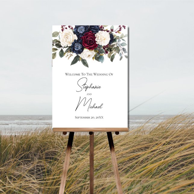 Burgunder Marinblå Kräm Färg Blommig Bröllopsskylt Poster (Burgundy Navy blue Cream White Floral Wedding Welcome sign poster.)