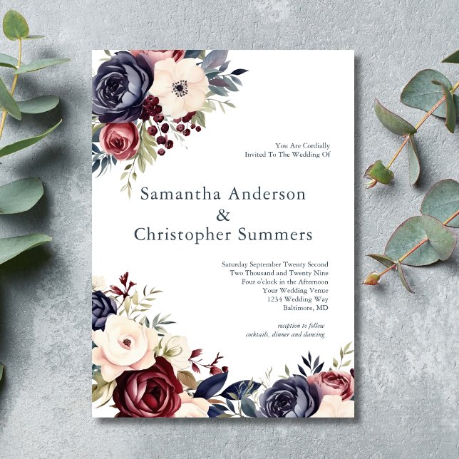 Burgunder Marinblå Krämfärgad Blommig Akvarell Brö Inbjudningar (Burgundy Cream Blue Watercolor Elegant Wedding invitation. Printed Or Digital download)
