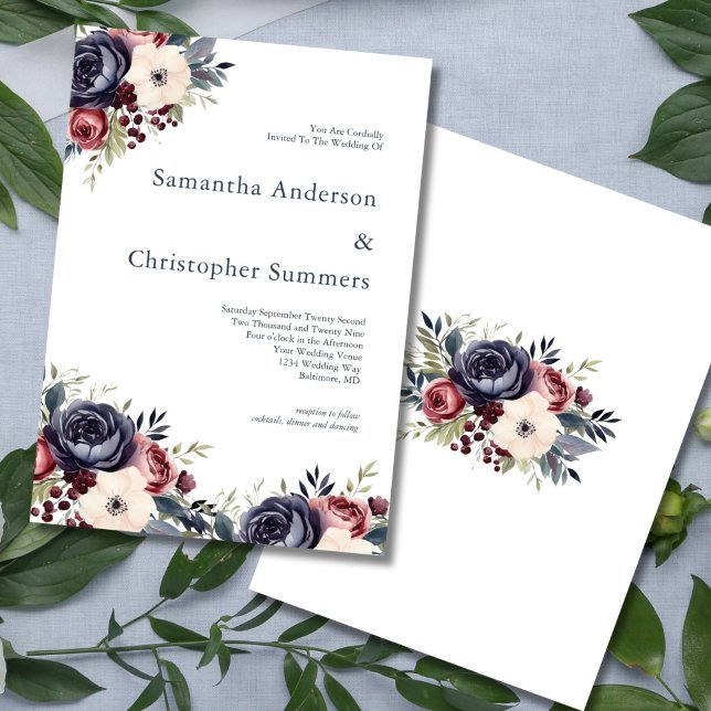 Burgunder Marinblå Krämfärgad Blommig Akvarell Brö Inbjudningar (Burgundy Navy Cream Watercolor Florals Elegant Wedding Invitation. Printed or Digital Download)