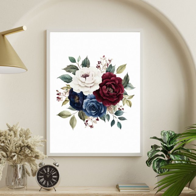 Burgunder Marinblå Vinröd Vit Blommig Bukett Poster (Burgundy Maroon, Navy blue White Floral Poster Print. Printed or Digital Download)