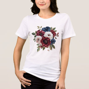 Burgunder Marinblå Vit Blommig Bukett Dam T Shirt