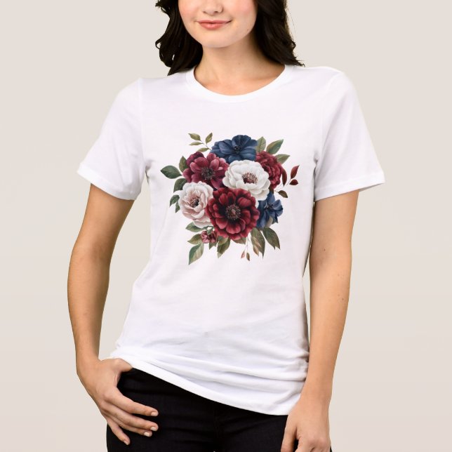 Burgunder Marinblå Vit Blommig Bukett Dam T Shirt (Framsida)