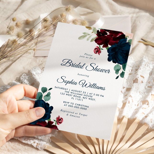 Burgunder & Marinblommor Rustikalt Trä Bröllopsfes Inbjudningar (Skapare uppladdad)