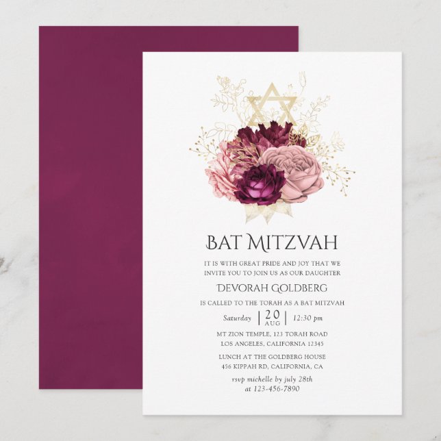 Burgunder Marsala Rosé och Guld Bat Mitzvah Inbjudningar (Fram/baksida)