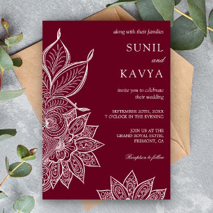 Burgunder Mehendi Henna Indisk Bröllopsinbjudan Inbjudningar