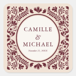 Burgunder Mexikansk Talavera Bröllokslimma Fyrkantigt Klistermärke