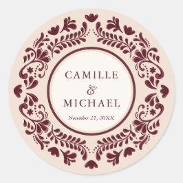 Burgunder Mexikansk Talavera Bröllollsmärke Runt Klistermärke