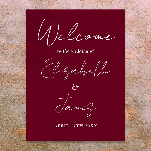 Burgunder Minimalistisk Skript Bröllops Välkomstsk Poster (Burgundy Minimalist Script Wedding Welcome Sign)