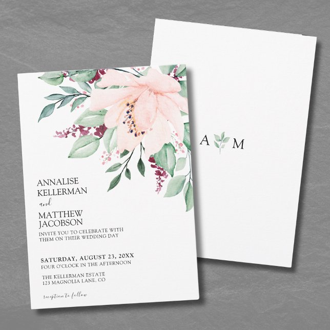 Burgunder Modern Rosatonad Blommig Bröllop Inbjudningar (Modern Pink Burgundy Floral Wedding Invitation)