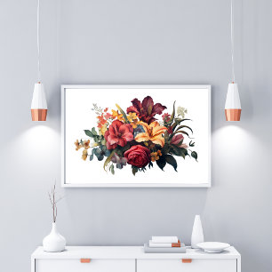 Burgunder Mörkröd Persika Vintage Blommor Grönska Poster
