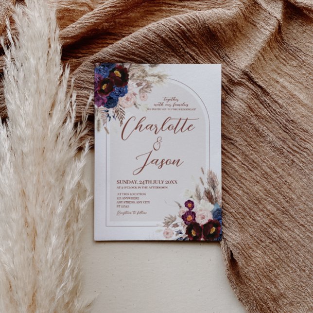 Burgunder Navy Maroon Blush Bröllopsinbjudan Inbjudningar (Burgundy Navy Maroon Blush Wedding Invitation Card)