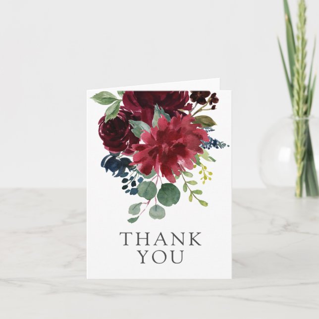 Burgunder Navy och Blush Elegant Blommig Tacksamhe Tack Kort (Framsida)