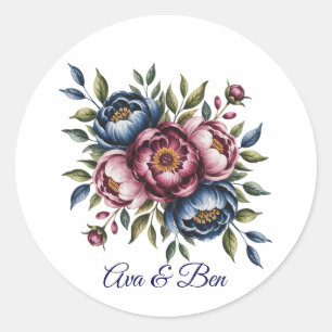 Burgunder Navy och Blush Peony Bröllopsblomma Runt Klistermärke