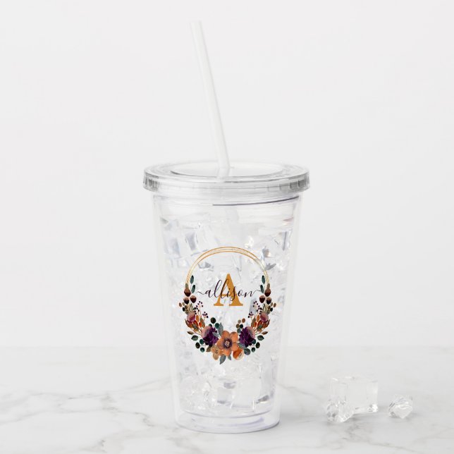 Burgunder och guld blomster ram personlig   take away mugg (Framsida Ice)