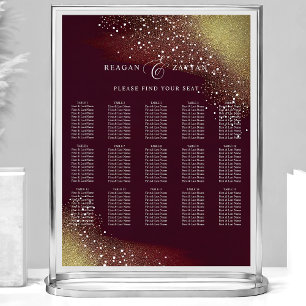 Burgunder och guld glitter bröllops sittplatskarta poster