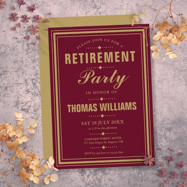 Burgunder och guld Modern elegant pensionsfest Inbjudningar (Burgundy And Gold Modern Elegant Retirement Party Invitation)
