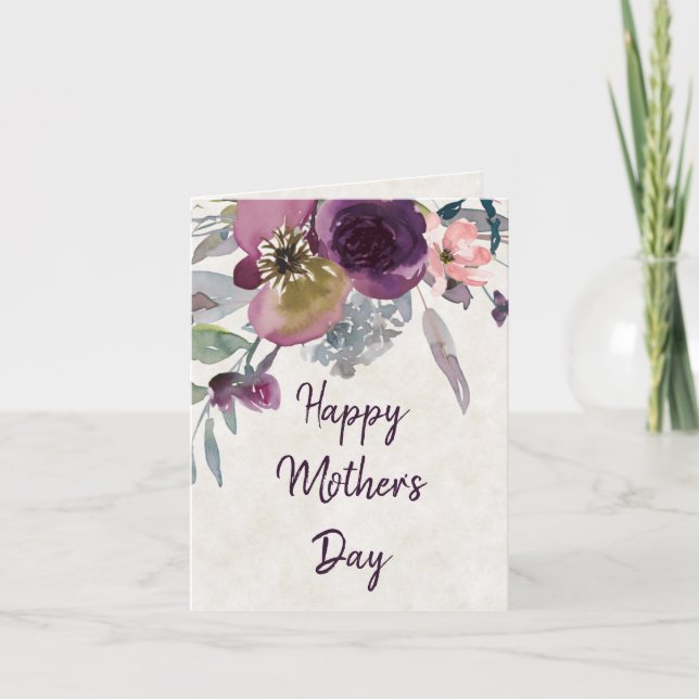 Burgunder och rosa akvarellblommig mors dag kort (Framsida)