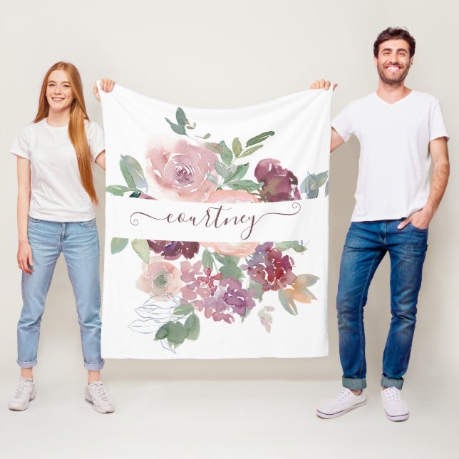 Burgunder och rosa akvarellblommor anpassade  fleecefilt (På plats)