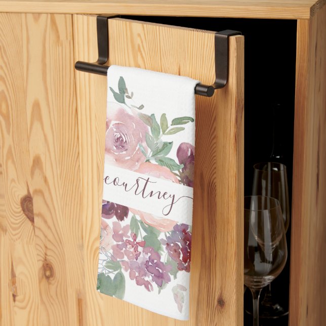Burgunder och rosa akvarellblommor anpassade  kökshandduk (Thirds Fold)