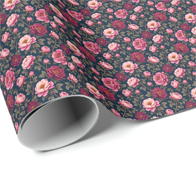 Burgunder och rosa blommor presentpapper (Rullad Hörn)