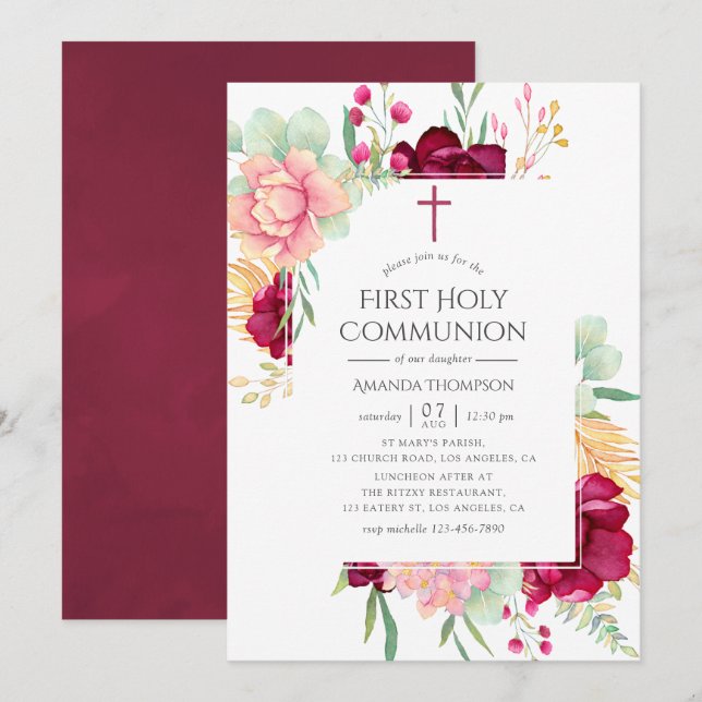 Burgunder och rosafärgade blommor för första kommu inbjudningar (Fram/baksida)