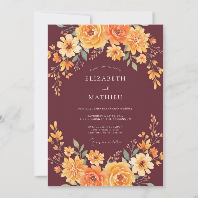 Burgunder Orange Vildblomma Bröllop Inbjudningar (Framsida)