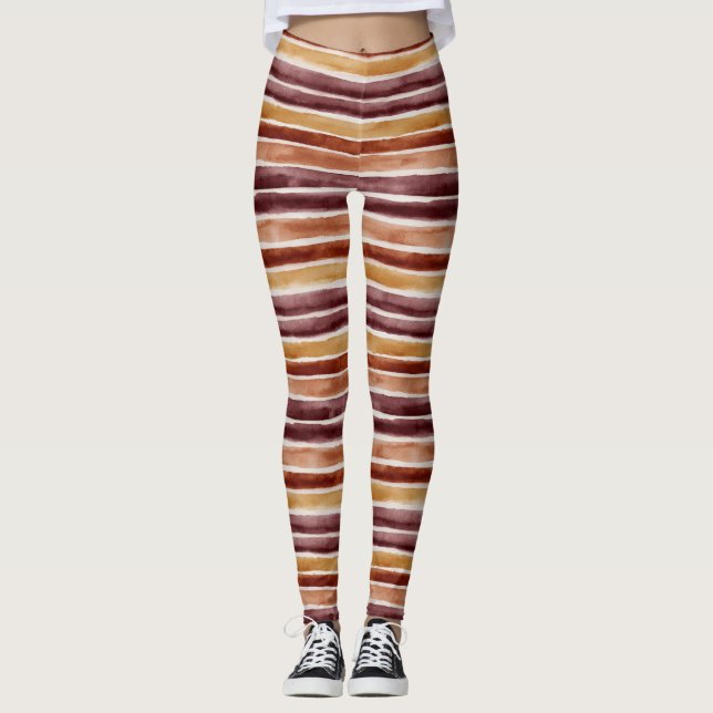 Burgunder Persika Orange Röd Ränder Leggings (Framsida)