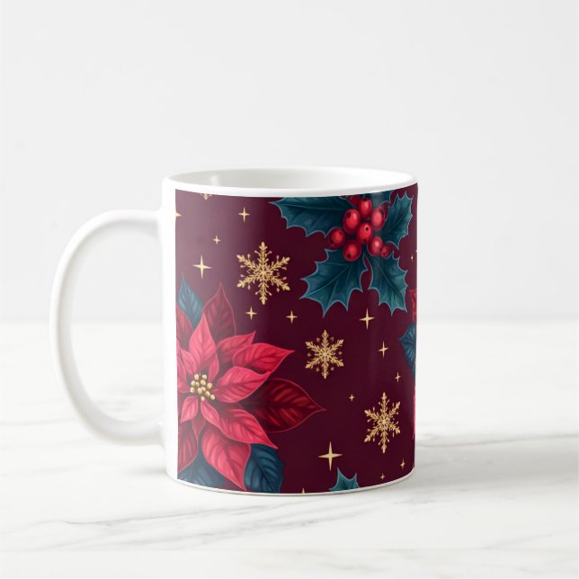 Burgunder Poinsettia & Guld Snöflinga  Kaffemugg (Vänster)