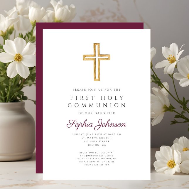 Burgunder Religiöst Kors Flicka Första Nattvarden Inbjudningar (Burgundy Religious Cross Girl First Holy Communion Invitation)