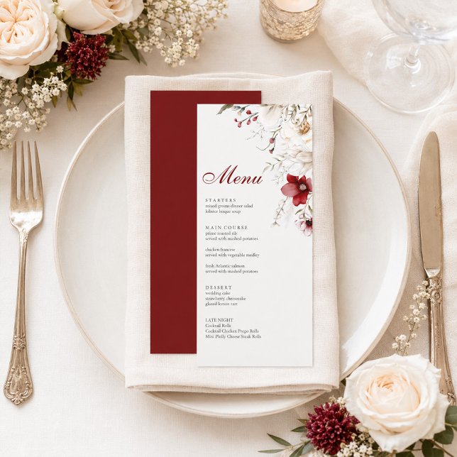 Burgunder Röd Bak Ivory Blommig Bröllopsmeny Kort (Burgundy Back Ivory Floral Wedding Menu Card)