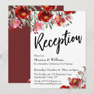 Burgunder Röd Blommig Bröllopsreception Typografi Inbjudningar