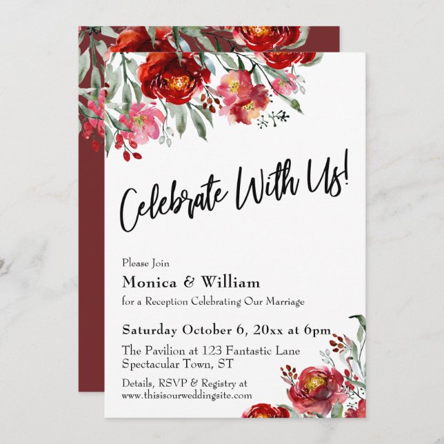 Burgunder Röd Blommig Fira med Oss Typografi Inbjudningar (Fram/baksida)