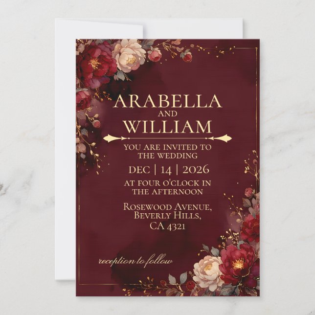 Burgunder röd Blommig Guld Ram Lyxig Bröllop Inbjudningar (Framsida)
