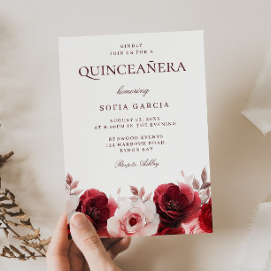 Burgunder Röd Elegans Röd Ros Quinceanera Inbjudningar