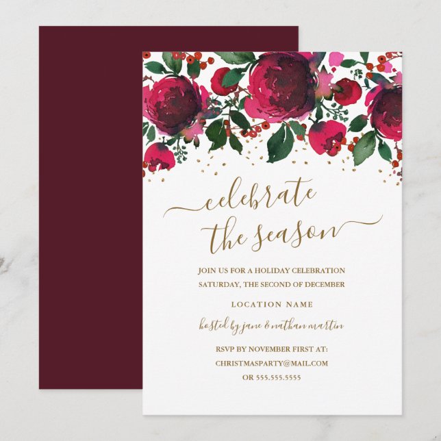 Burgunder Röd Grön Guld Blommig Julfest Inbjudningar (Fram/baksida)