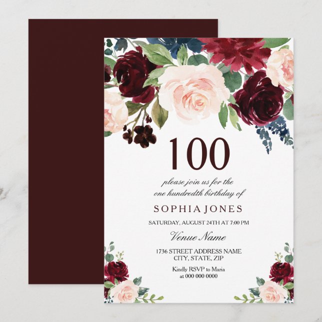 Burgunder Röd Rosa Blommig 100-årsfest Inbjudningar (Fram/baksida)