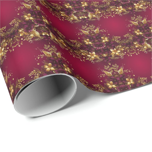 Burgunder Röda Guld Blommor Högtidligt Presentpapp Presentpapper (Rullad Hörn)