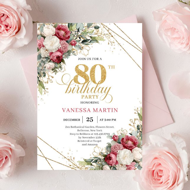 Burgunder röda rosor 80-års födelsedagsinbjudan gr inbjudningar (Burgundy red roses 80th birthday invite with greenery

)