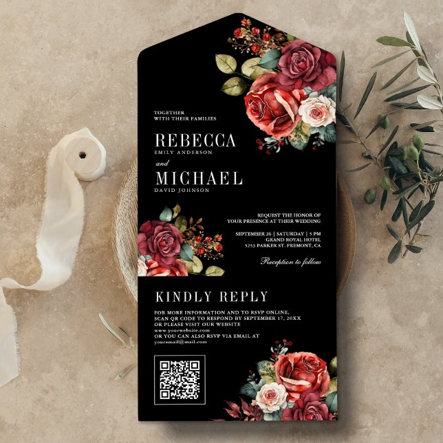 Burgunder Röda Rosor Blommig QR-kod Svart Bröllop (Skapare uppladdad)